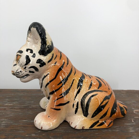 Mid century Italian glazed Hand Painted Tiger Cub Figurine Ceramic Vintage 8" - Picture 2 of 10